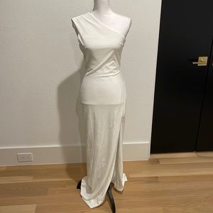 One Shoulder Off White Velvet Dress with Side Slit